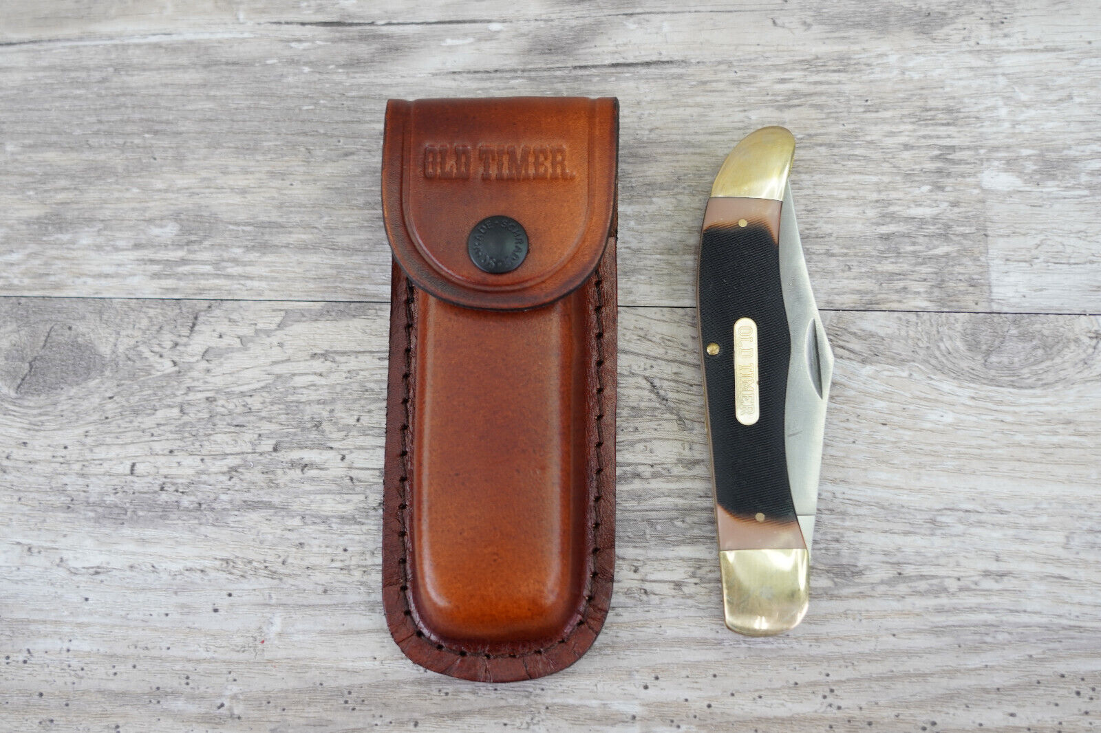 Schrade Old Timer 1250T Folding Pocket knife In Brown Leather Sheath