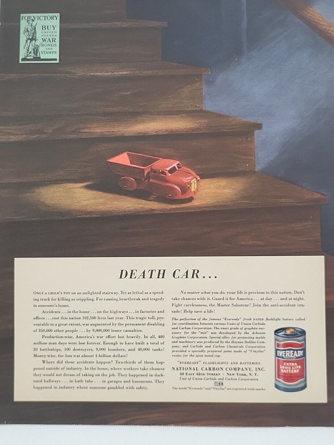 1942 Eveready Flashlights and Batteries Fortune WW2 X-Mas Print Ad Death Car