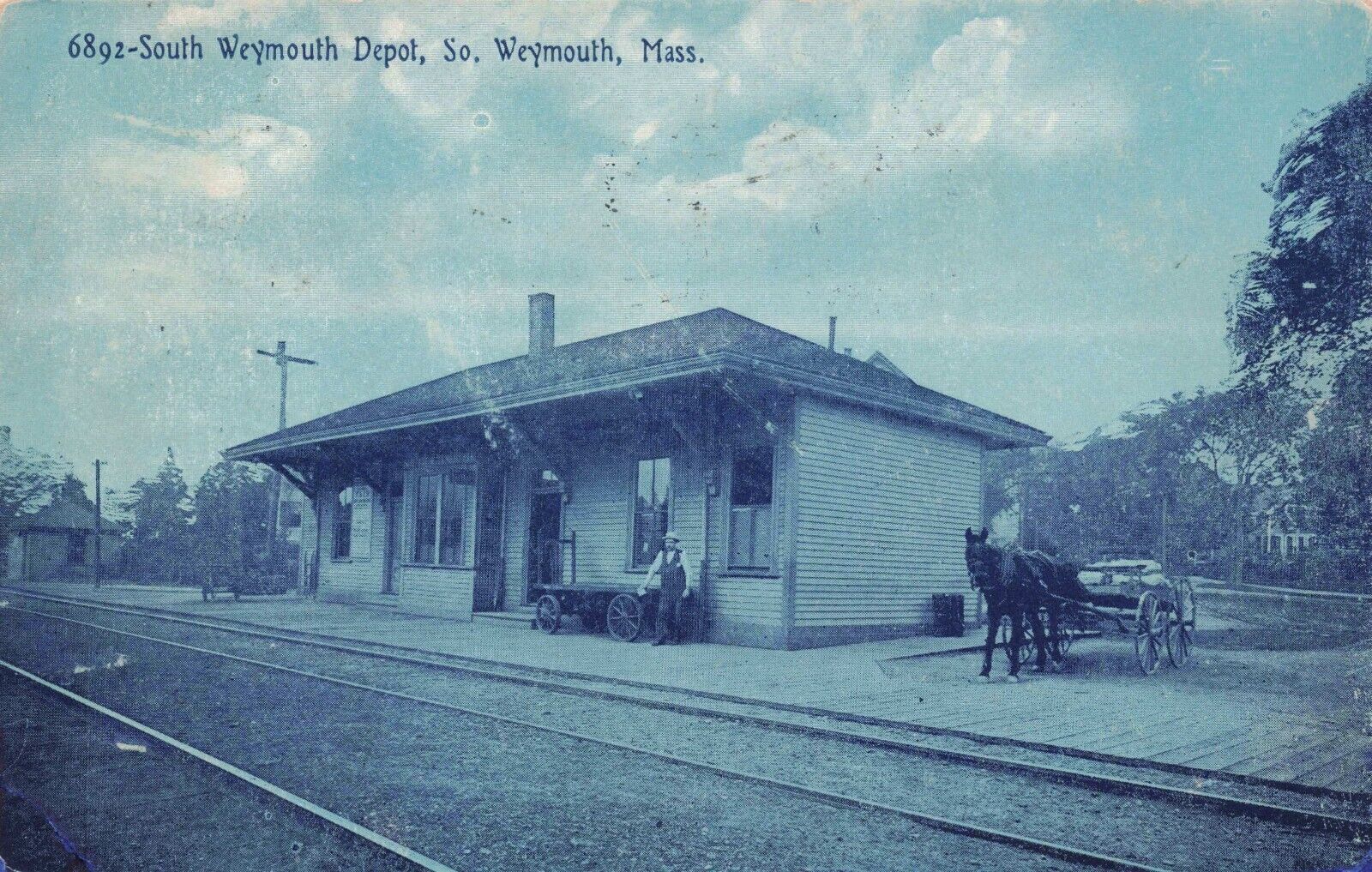 Scarce Train Depot South Weymouth Massachusetts c1909 Blue Tint Vintage Postcard