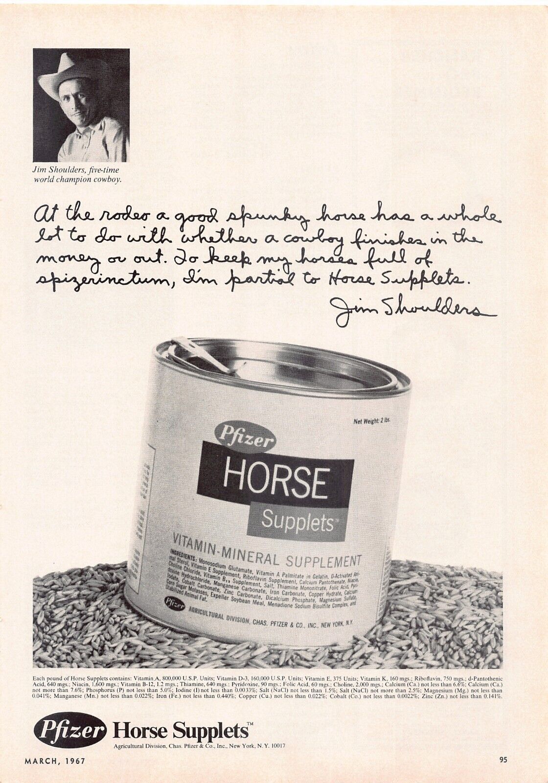 Pfizer Horse Supplets Jim Shoulders Endorsed Vintage Magazine Print Ad