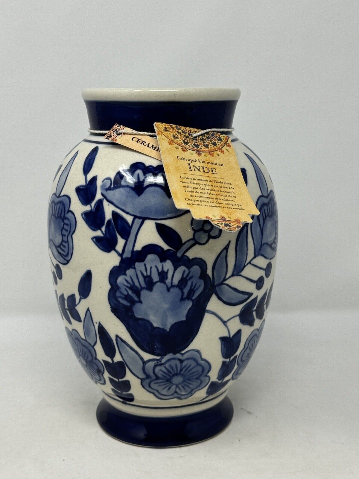ceramic blue and white india vase 9” handmade floral cobalt blue home decor NEW
