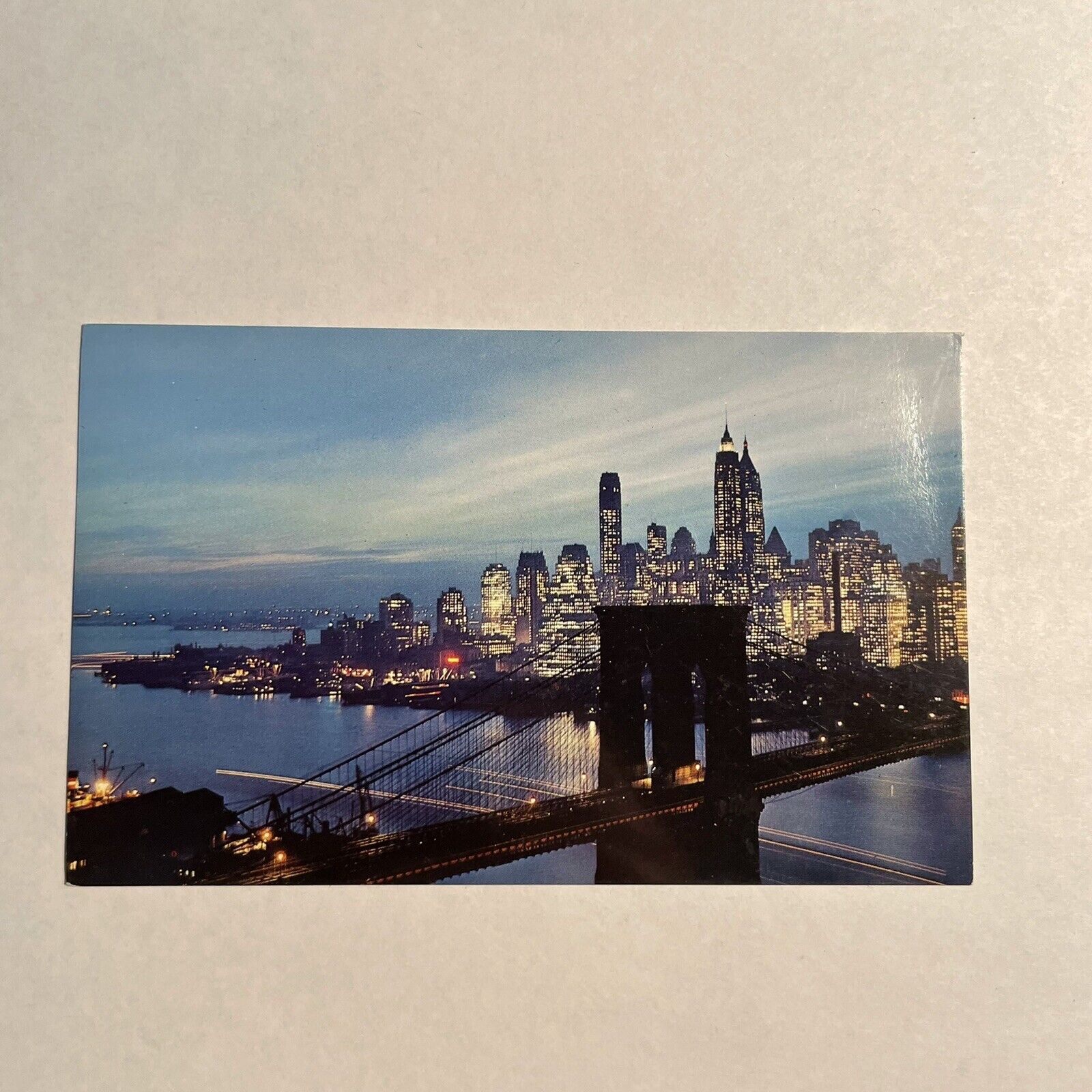 Night Falls Midtown Manhattan Brookyln Bridge Vintage Postcard View Sunset