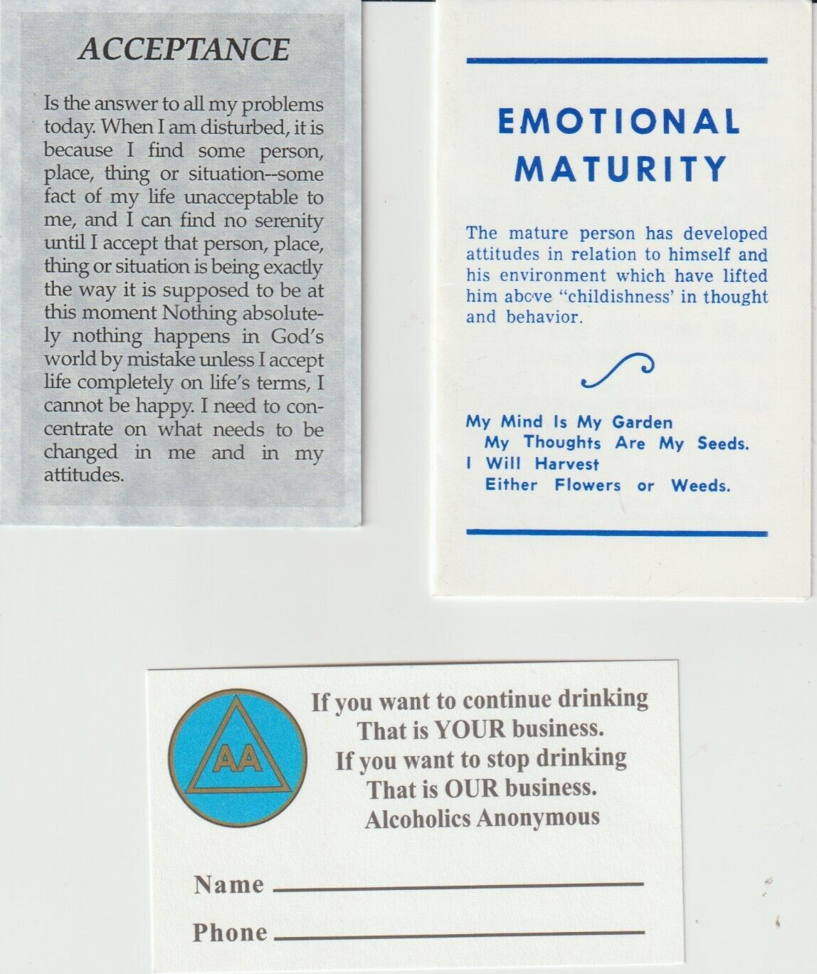 3 different Alcoholics Anonymous business cards, Emotional Maturity, Acceptance