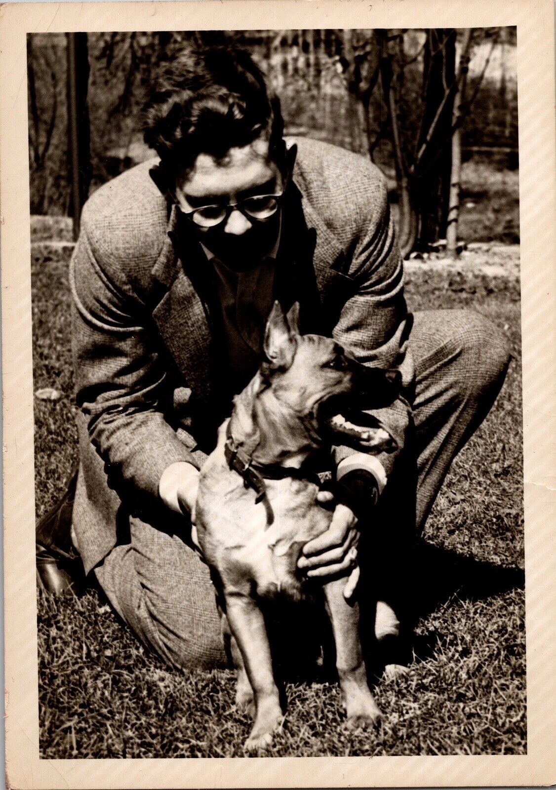 Vtg Found B&W Photo 1950 Man Dog Pet Retro Animal Canine Outdoors K9