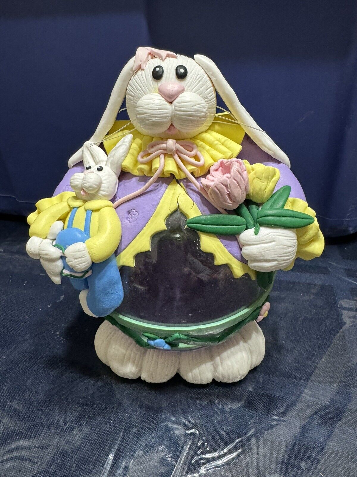 Collectible Easter Glass Ball Polymer Clay White Bunny Rabbit Figure Decor