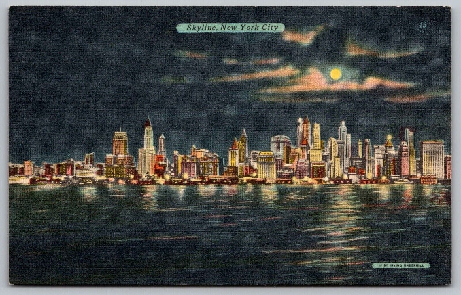 Skyline New York City Moonlight Night View Skyscrapers Manhattan VNG Postcard