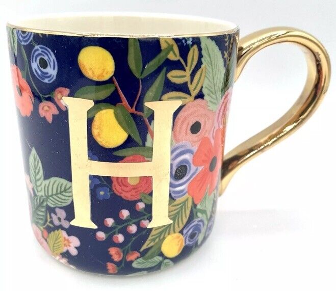 Anthropologie Rifle Paper Co Coffee Cup Mug Golden H Initial Floral