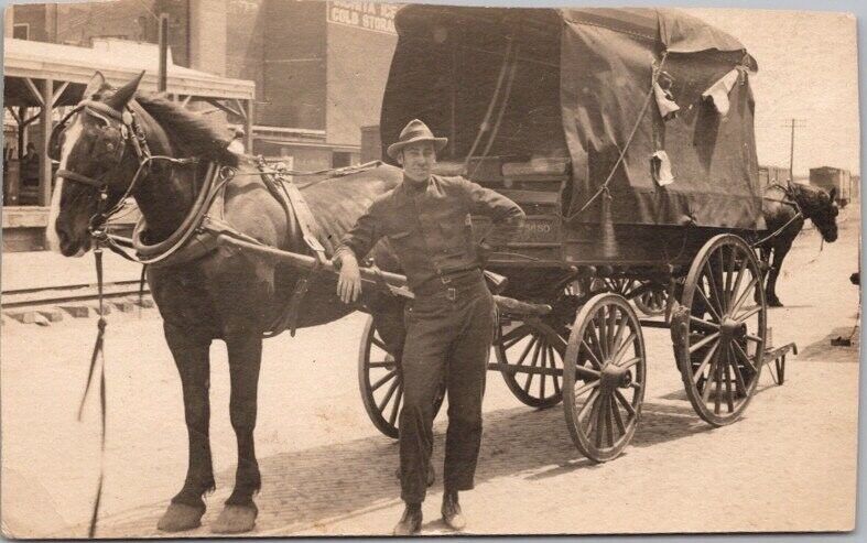 1910s Real Photo RPPC Postcard Man with Horse Wagon / Street Scene *TRIMMED