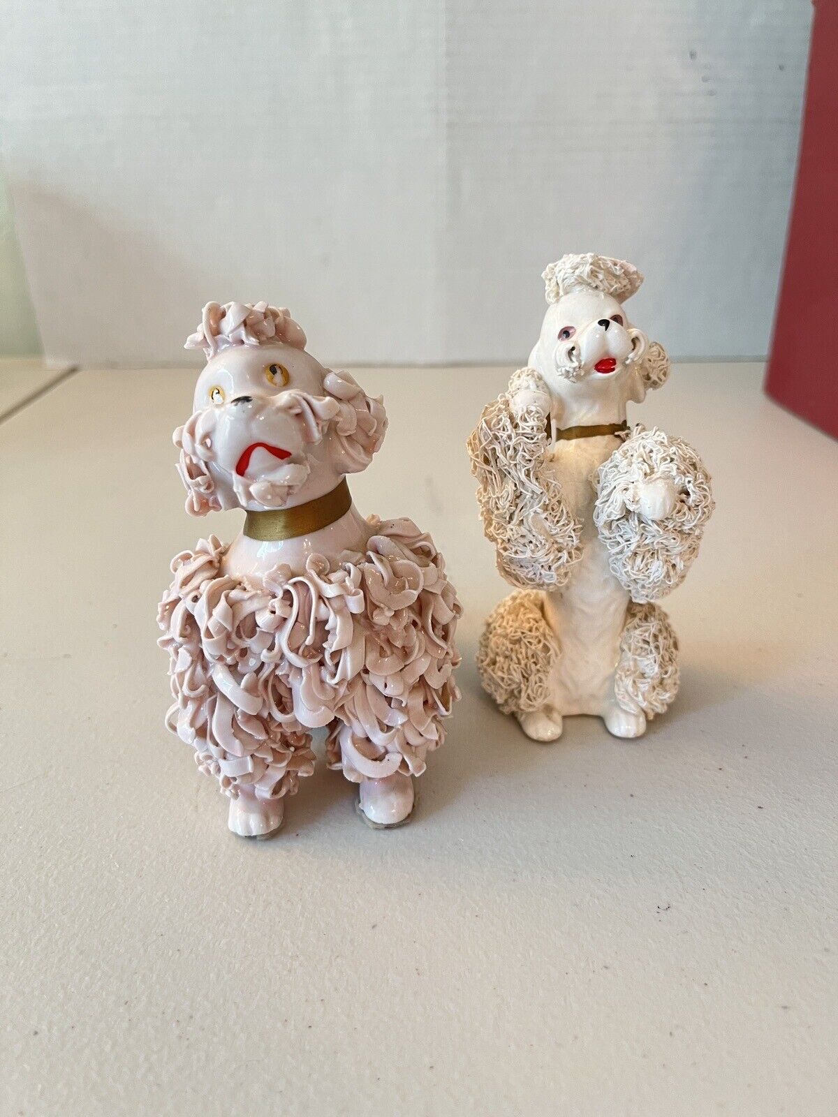 2 Vintage Spaghetti Poodles Gold Collar Porcelain Dogs Pink and White Japan