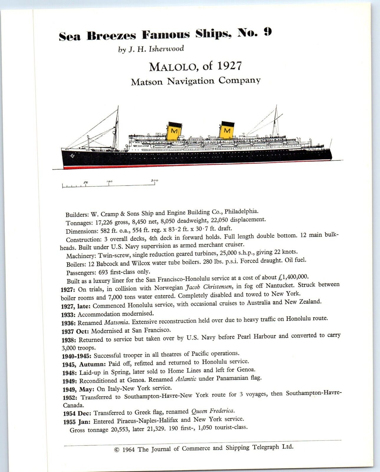 SS MALOLO (1927) Sea Breezes Famous Ships No. 9 History/ Data Sheet 1963