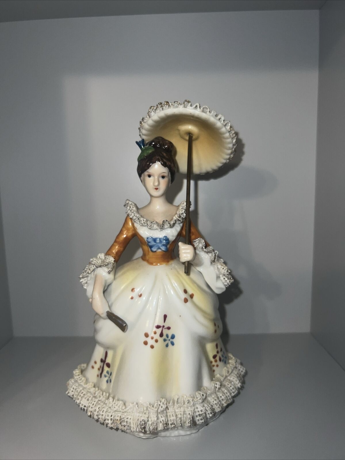 porcelain figurine, rare vintage, interactive, woman with umbrella