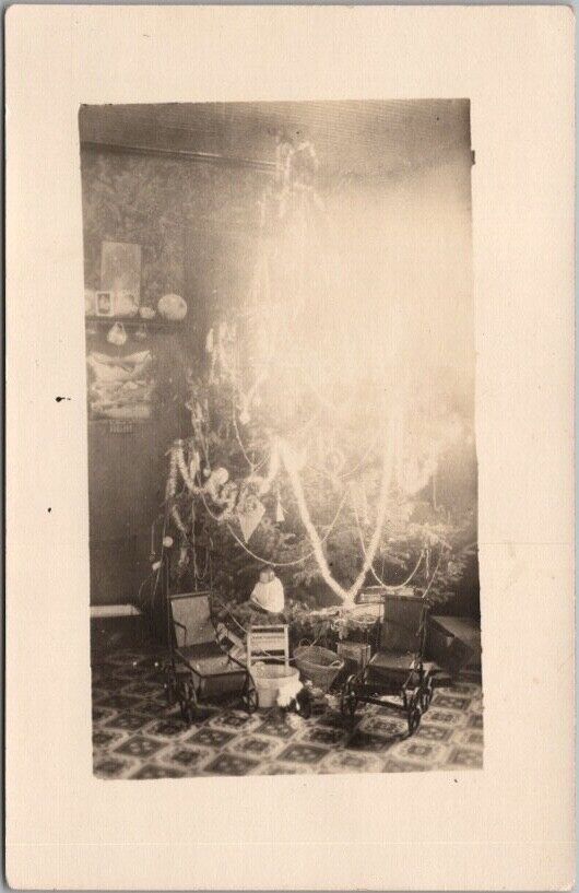 1910s CHRISTMAS TREE Real Photo RPPC Postcard Over-Exposed Living Room Scene