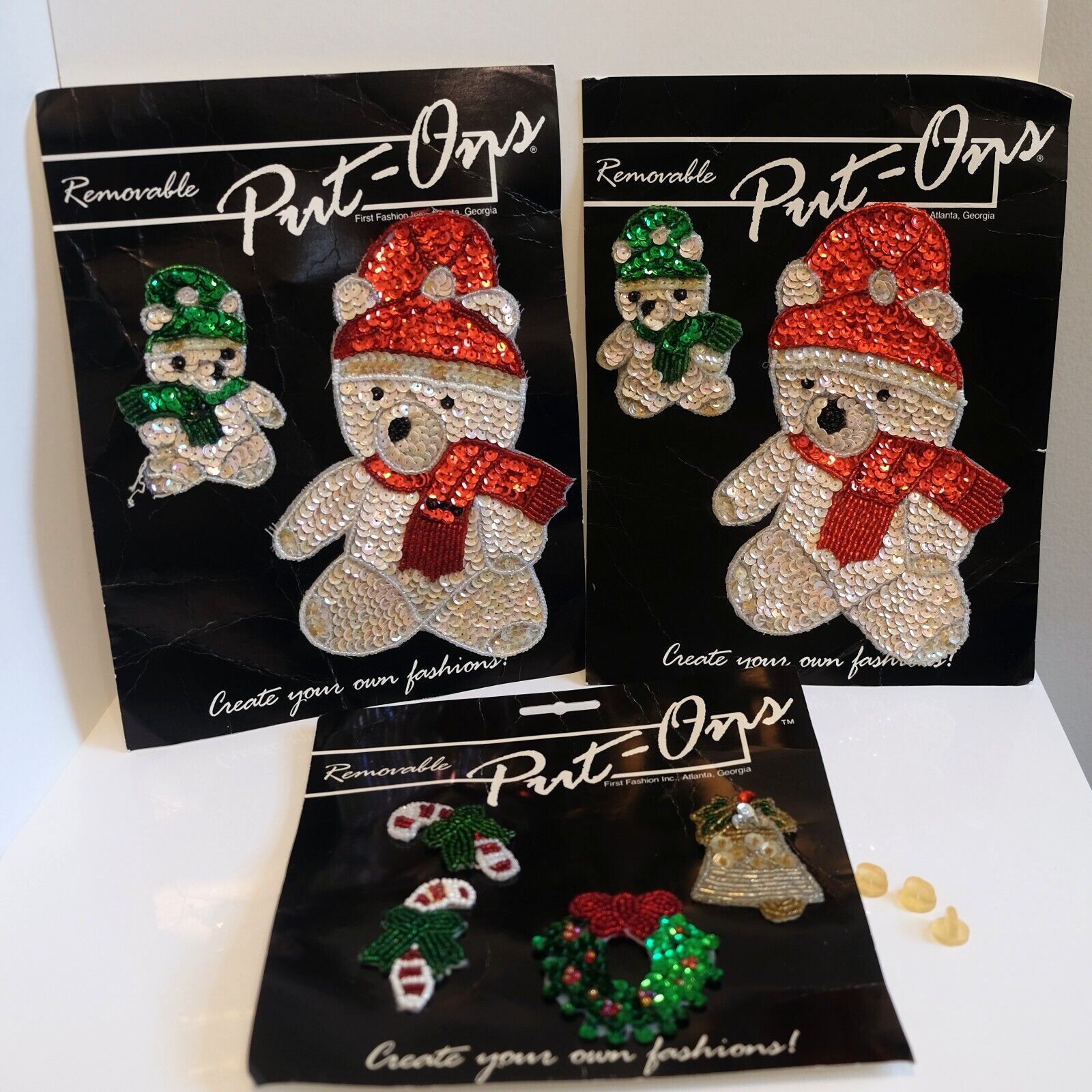 Vintage Put-Ons Sequin Beaded Applique Removeable Patch Chritsmas Teddy Bear Lot