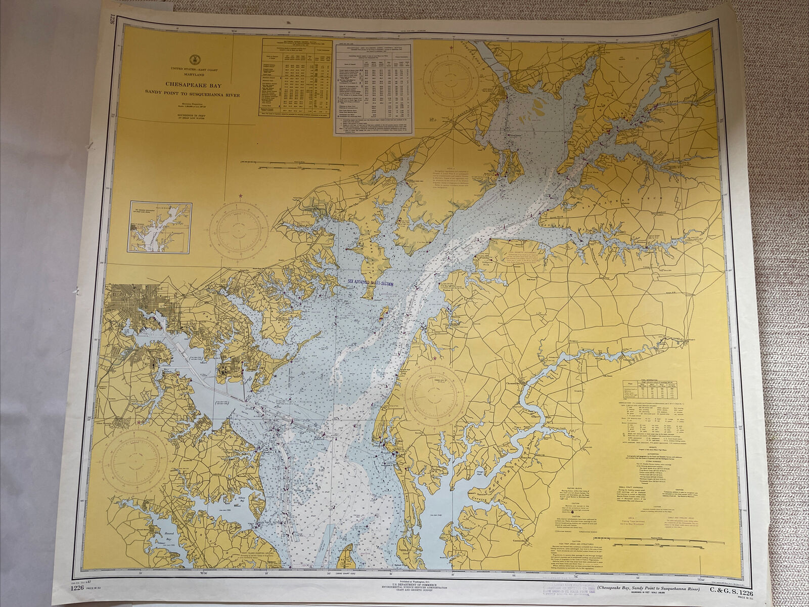 1967 Chesapeake Bay/ Chart 1226, Sandy Point To Susquehanna River C&GS, 39”x36”