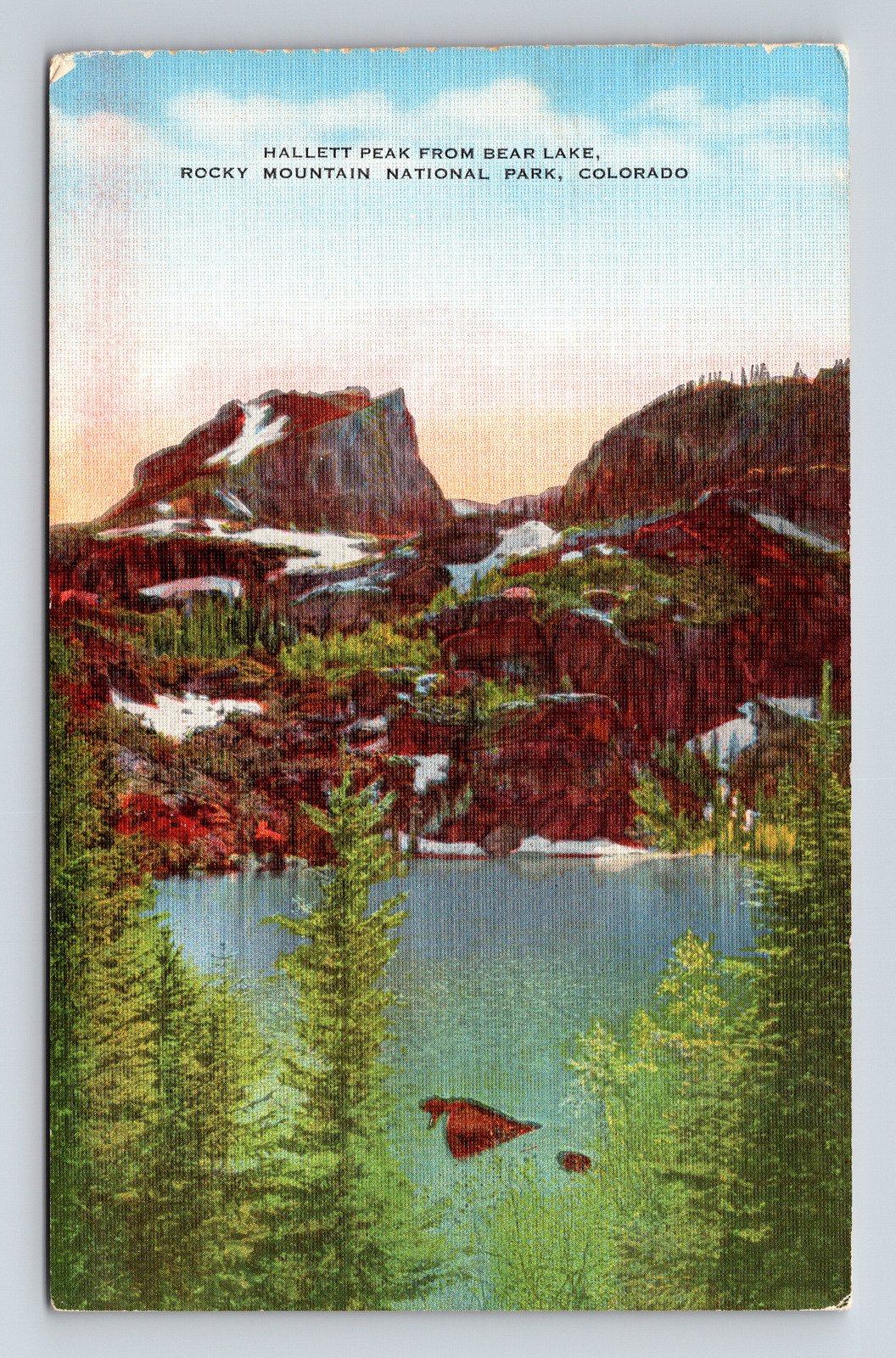 Linen Postcard Rocky Mountain Nat\'l Park CO Colorado Hallett Peak Bear Lake