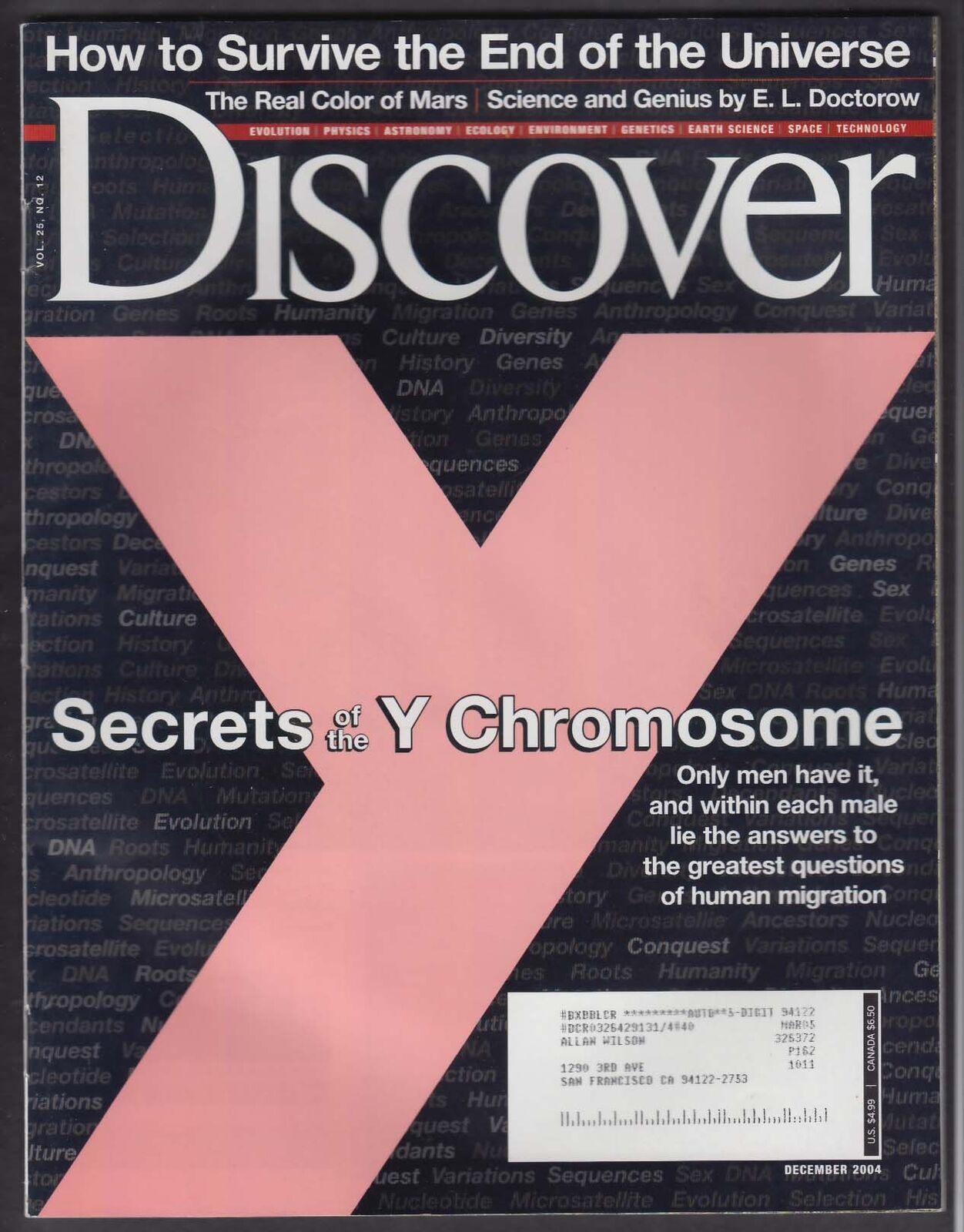 DISCOVER Y-chromosome; E L Doctorow; Real color of Mars 12 2004