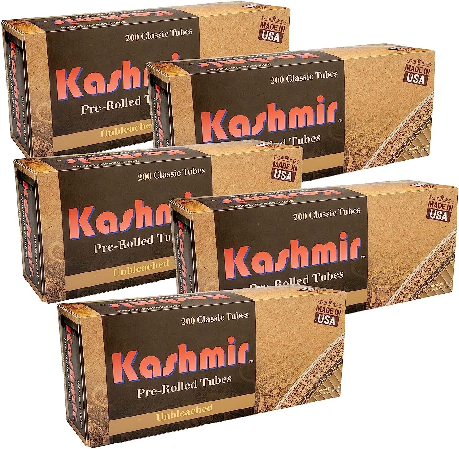 Kashmir Classic Unbleached Cigarette Pre-Rolled Tubes 200/Pack - 1000 Count