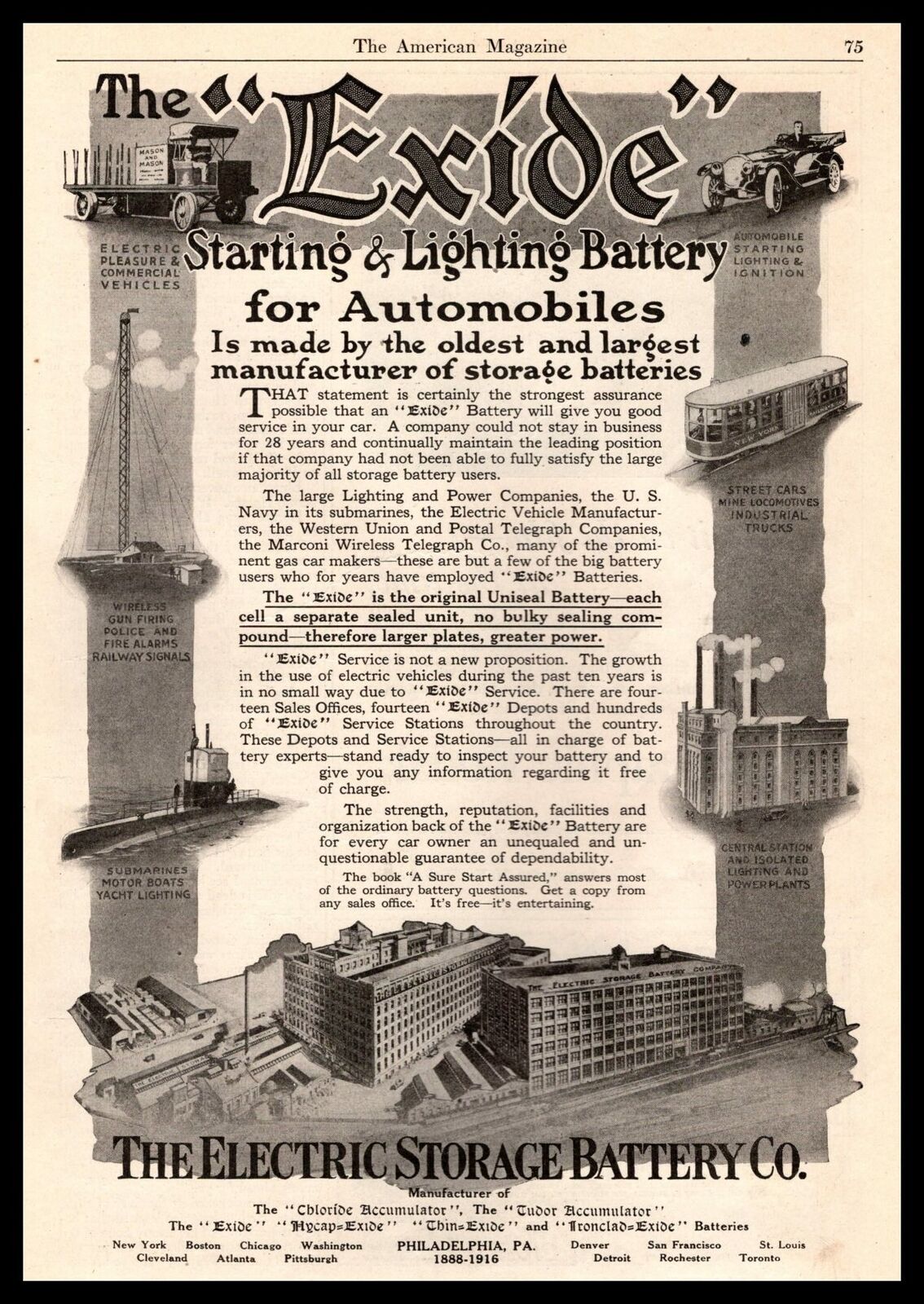 1916 Electric Storage Batter Company Exide Starting Lighting Batteries Print Ad