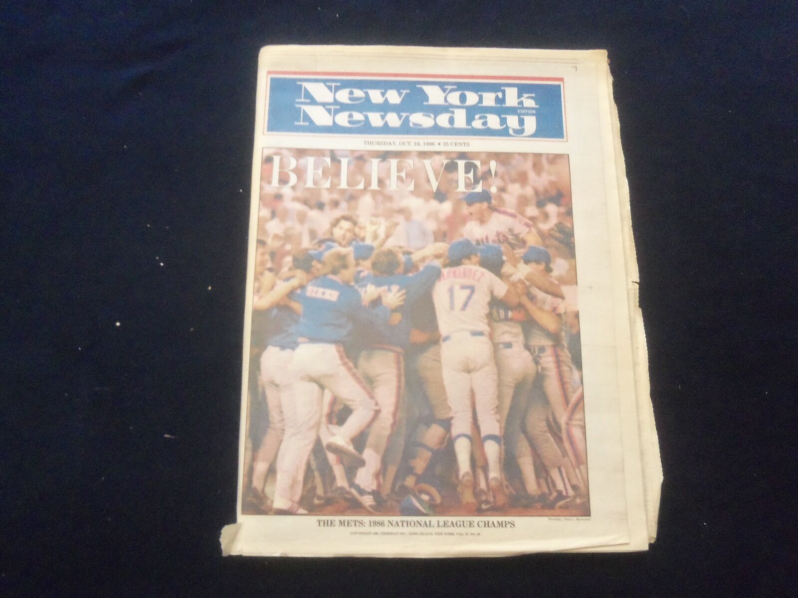 1986 OCTOBER 16 NEW YORK NEWSDAY NEWSPAPER - N.Y METS NL CHAMPIONS - NP 6087