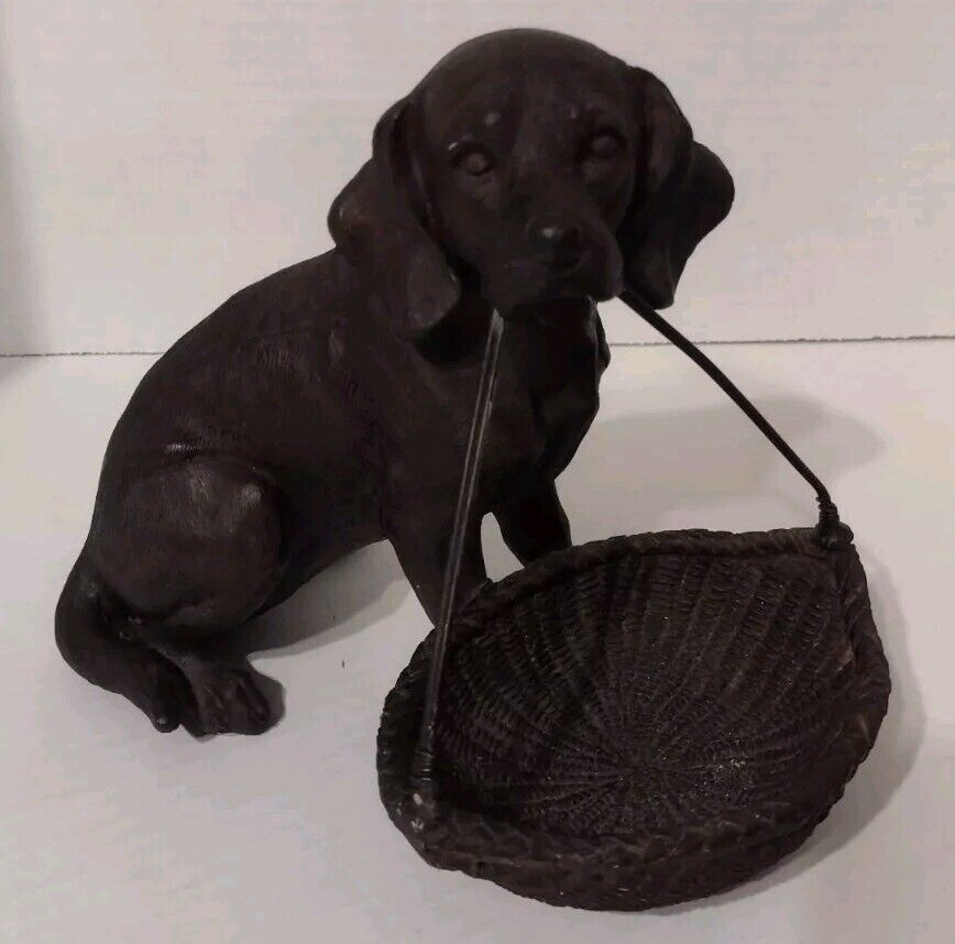 Creative Co-op Black/Brown Retriever Puppy Sitting Dog w/ Basket Figurine