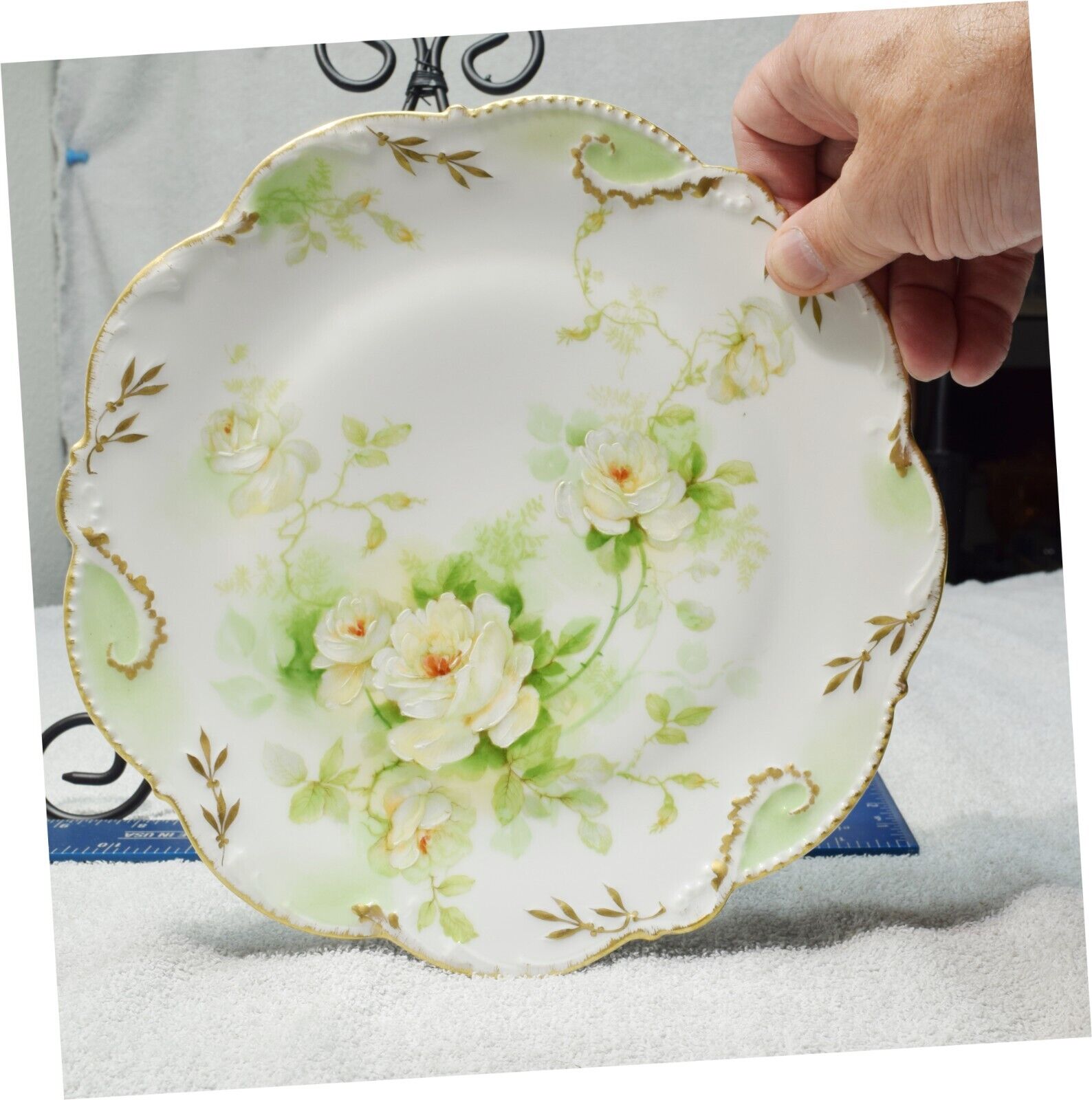 Exquisite Latrille Freres Old Abbey Limoges Cabinet Plate White Roses Embossed