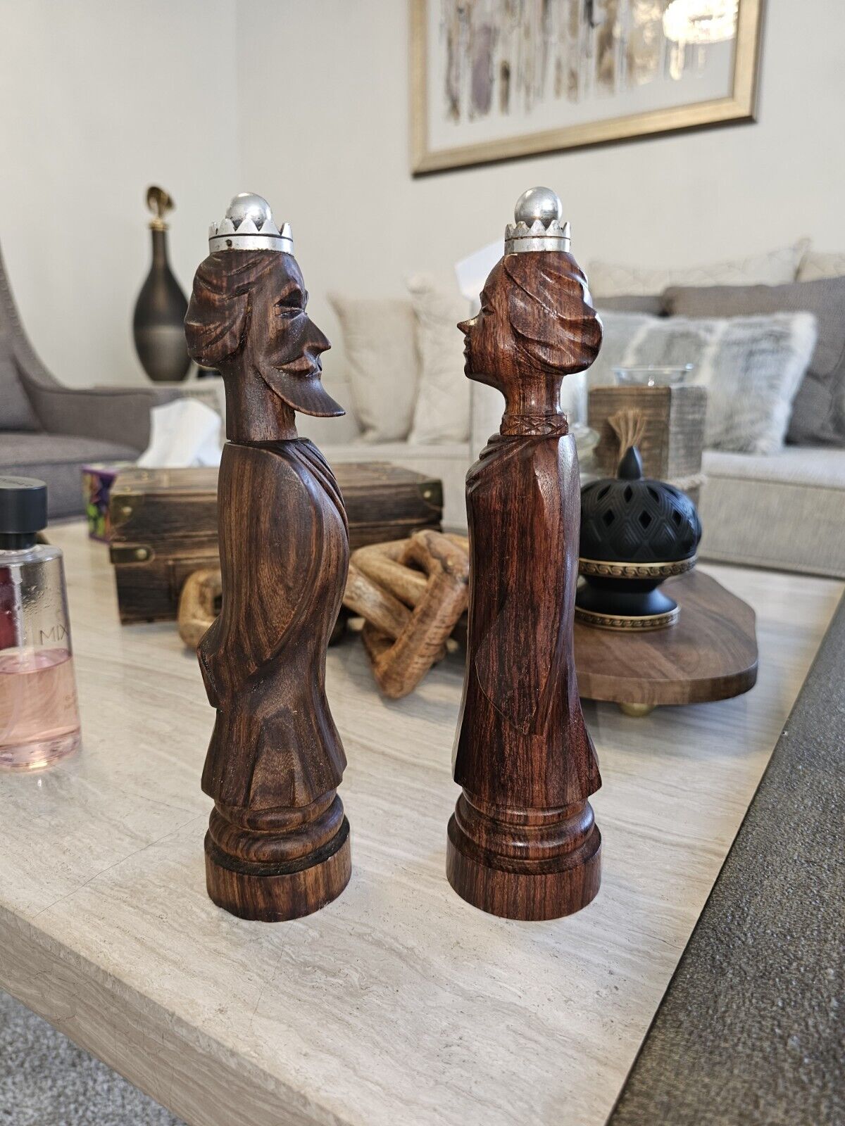 2 Peugeot Freres  Wood  Carved  Pepper Mills grinder France Man Woman King Queen