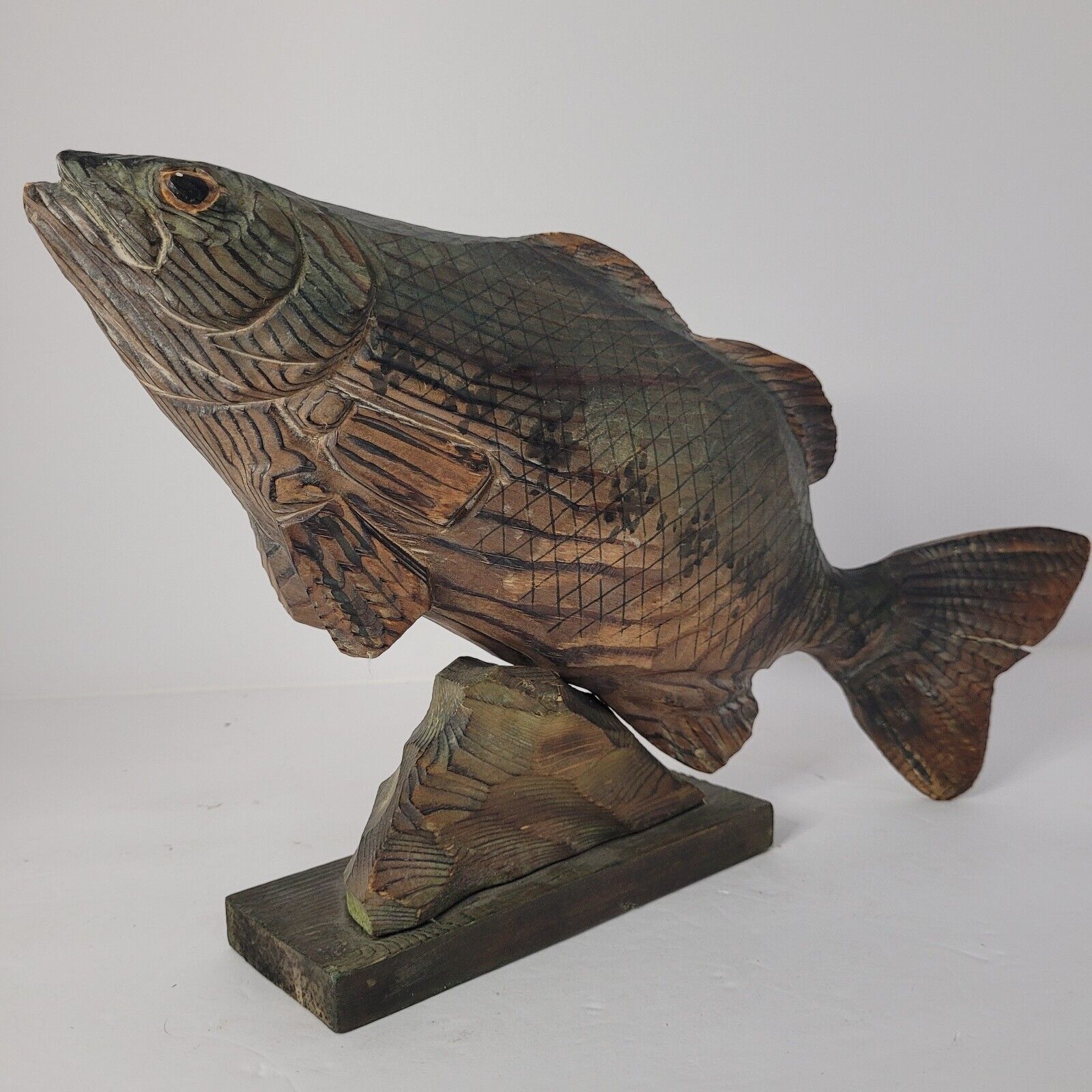 Artist Unsigned Aged Hand Carved Wood 14”  Fish  Bass On Pedestal Figurine