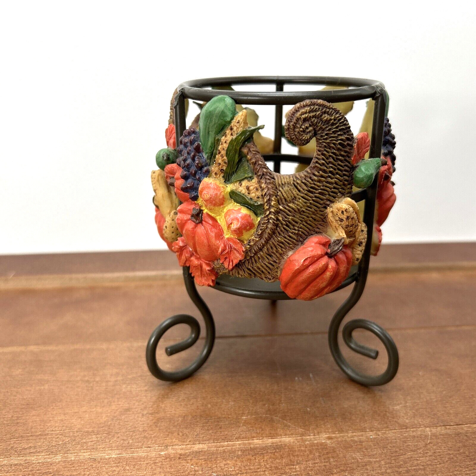 Vintage Metal & Hand-Painted Resin Candle Holder, Thanksgiving Cornucopia Fall