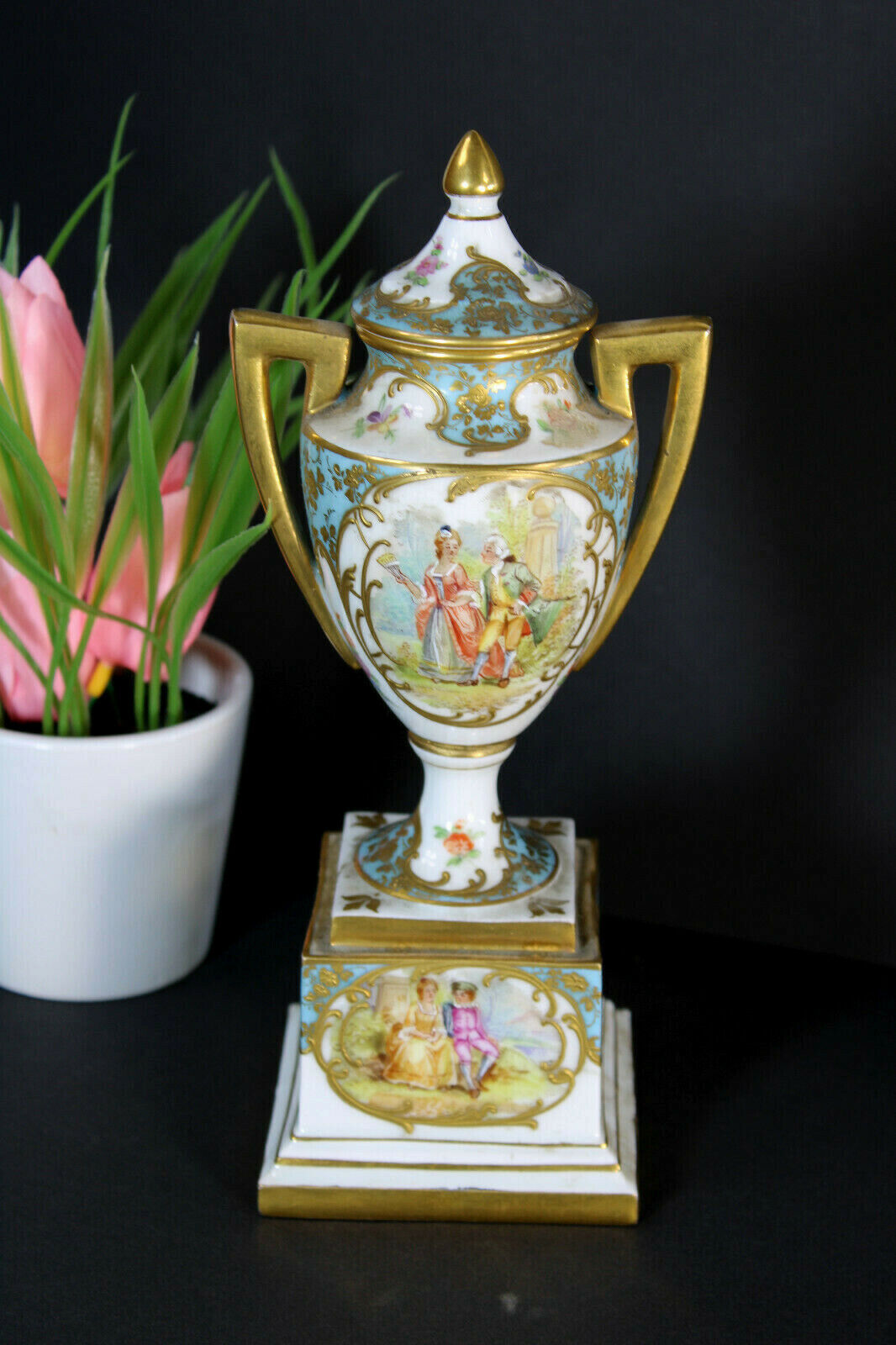 Antique marked Small Porcelain victorian scene Vase floral 