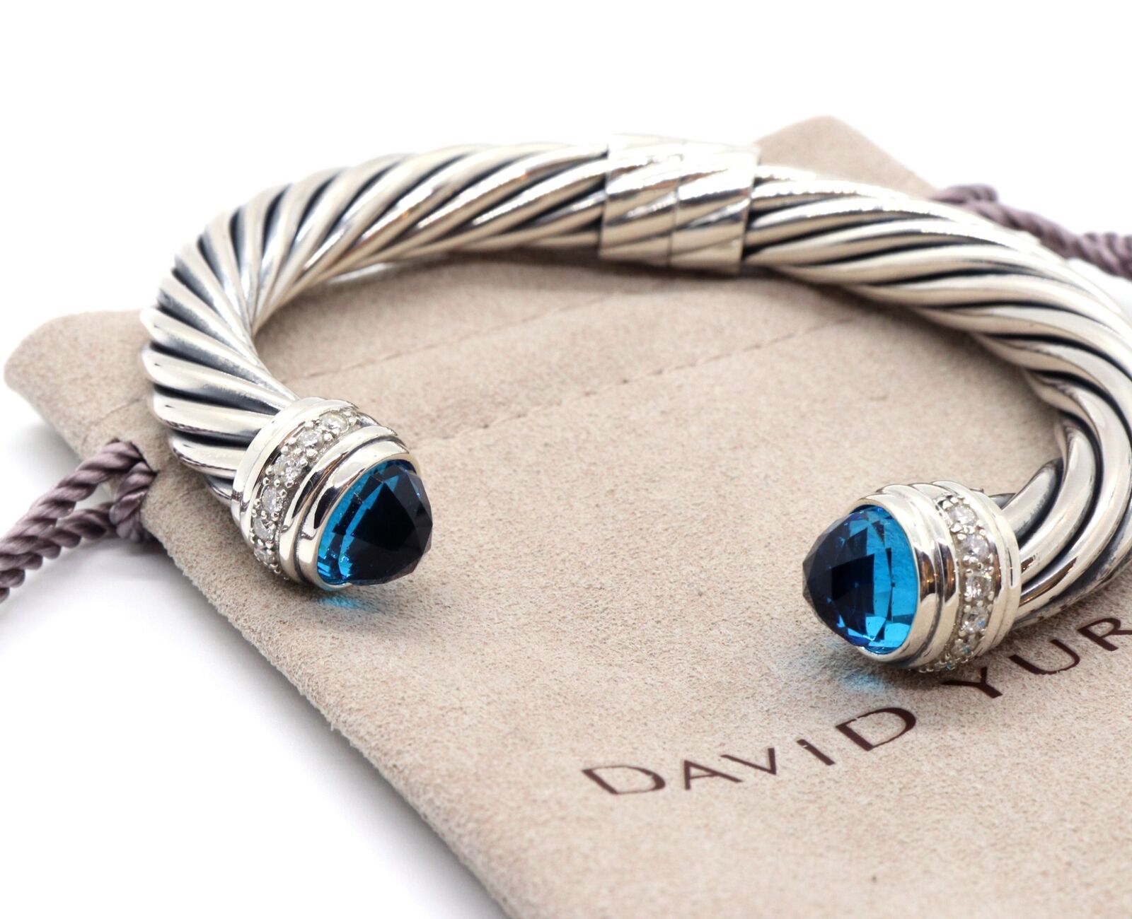 David Yurman Sterling Silver 10mm Cable Classic Bracelet Blue Topaz w/ Diamonds