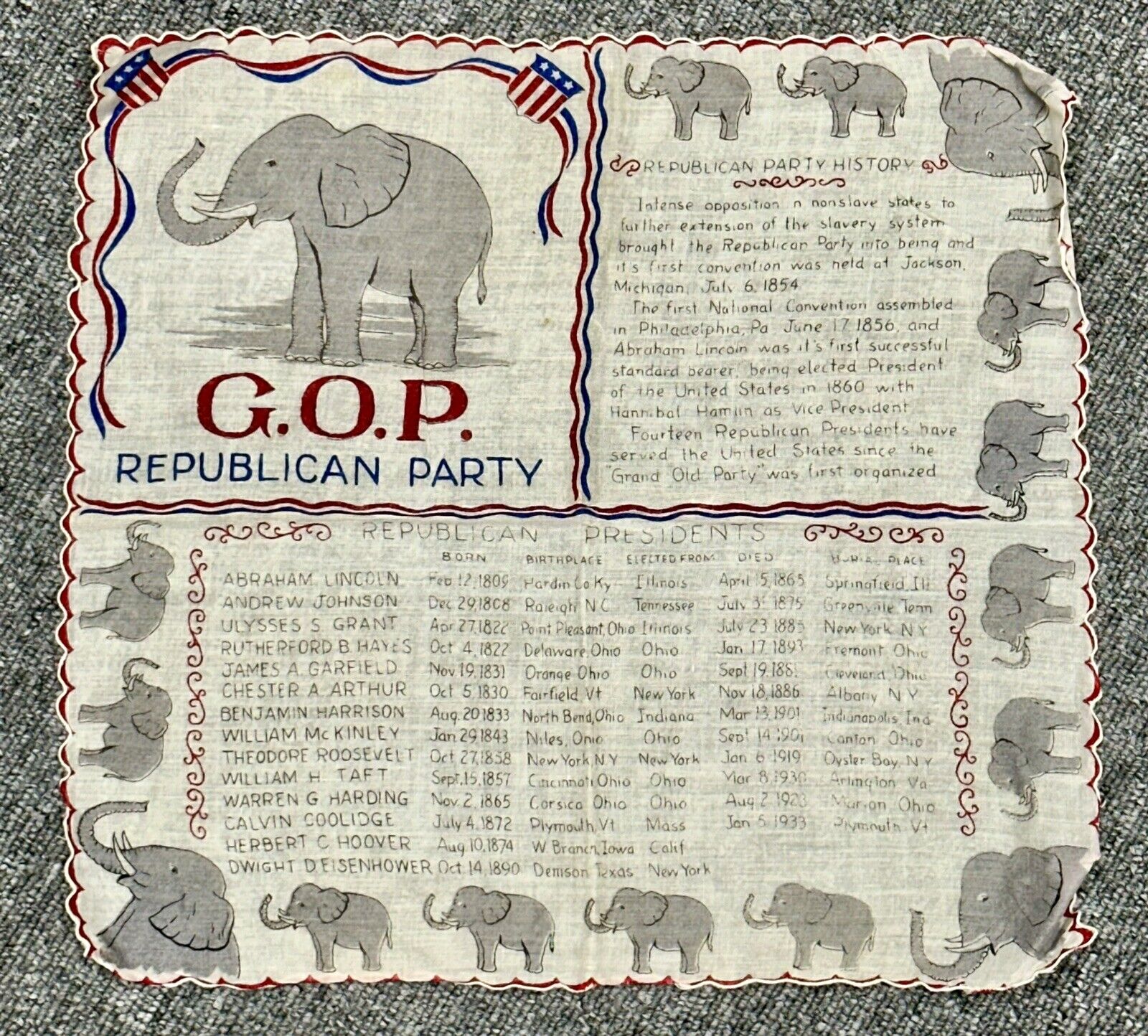 Vintage GOP Republican Party Handkerchief Political Advertisement Circa 1956
