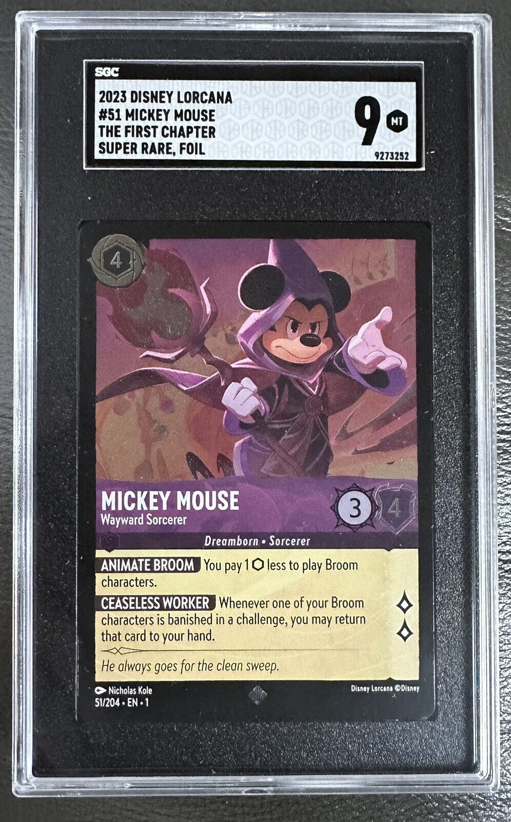2023 Disney Lorcana #51 Mickey Mouse Wayward Sorcerer Super Rare FOIL SGC 9