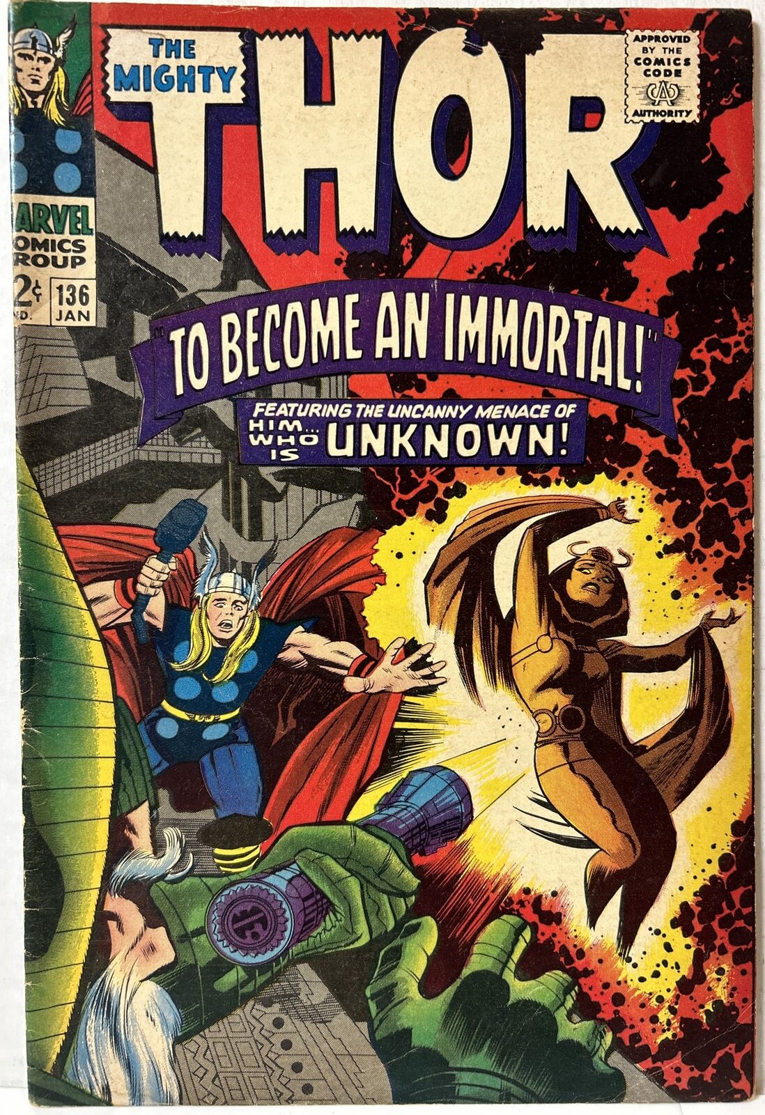 Thor #136 (1966) 1st Lady Sif Silver Age Jack Kirby Lurking Unknown Marvel FN-