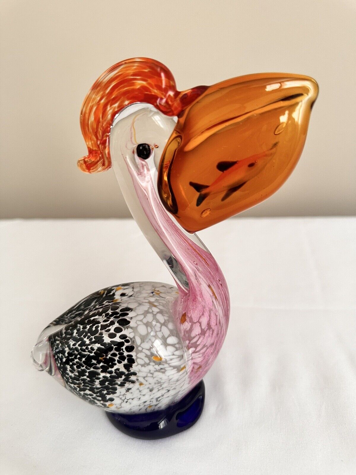Murano Style Hand Blown Glass Pelican Figurine  w/Fish In Mouth Art  7”