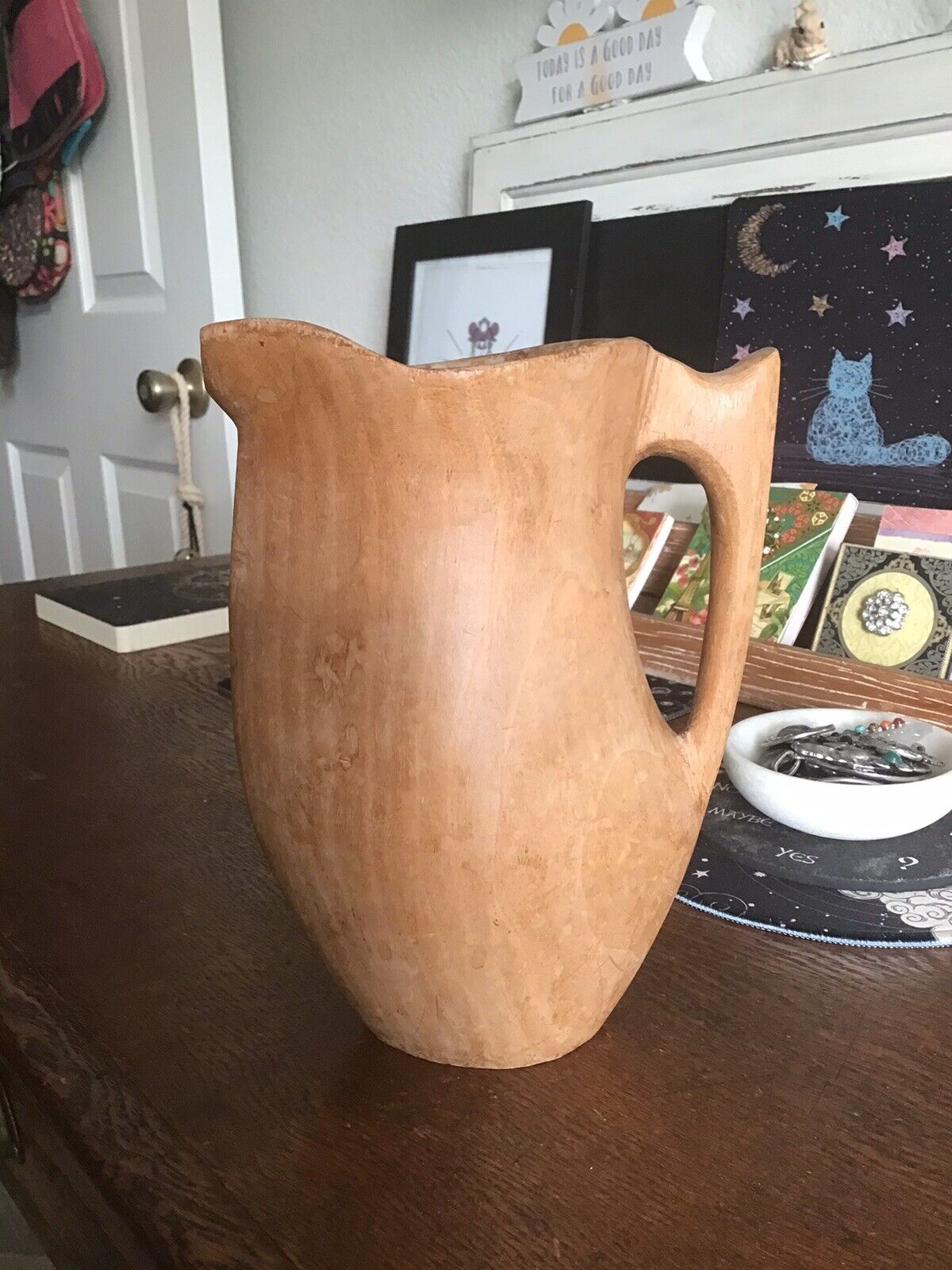 Old Handcrafted Wooden Pitcher