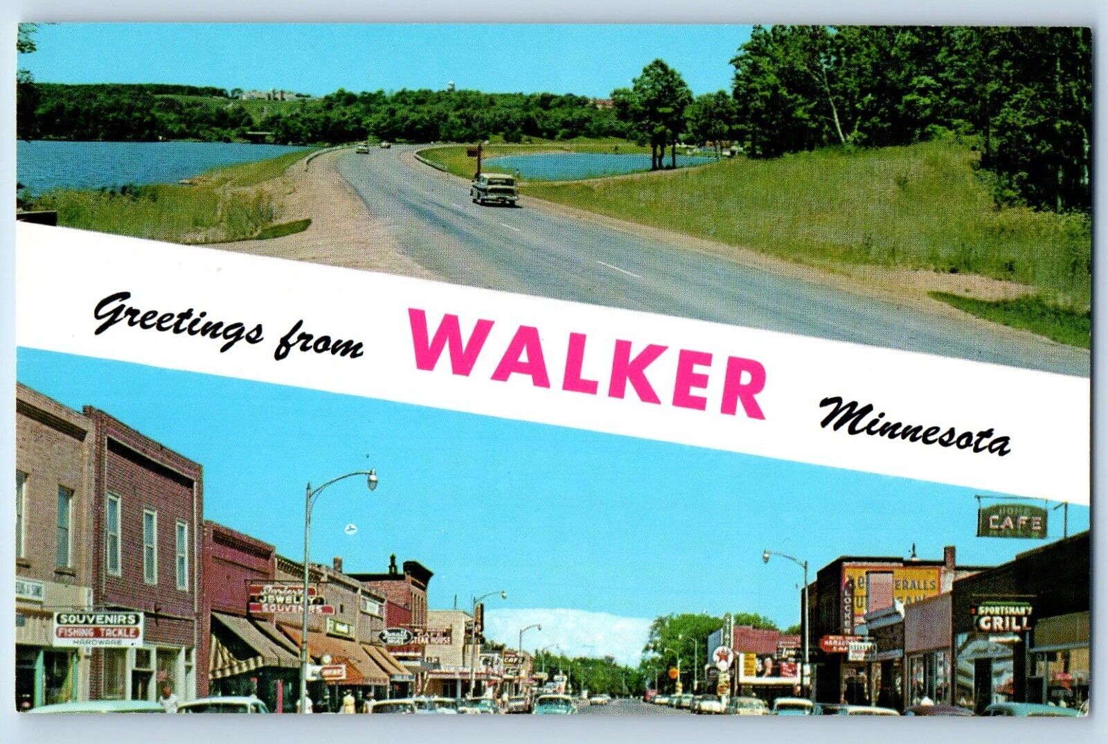 Walker Minnesota MN Postcard Greetings Lake Drive Main Street Leech Lake c1960