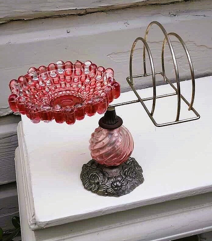 Vintage Boopie Cranberry Glass Trinket/Jewelry/Towelette Holder Vase Stand