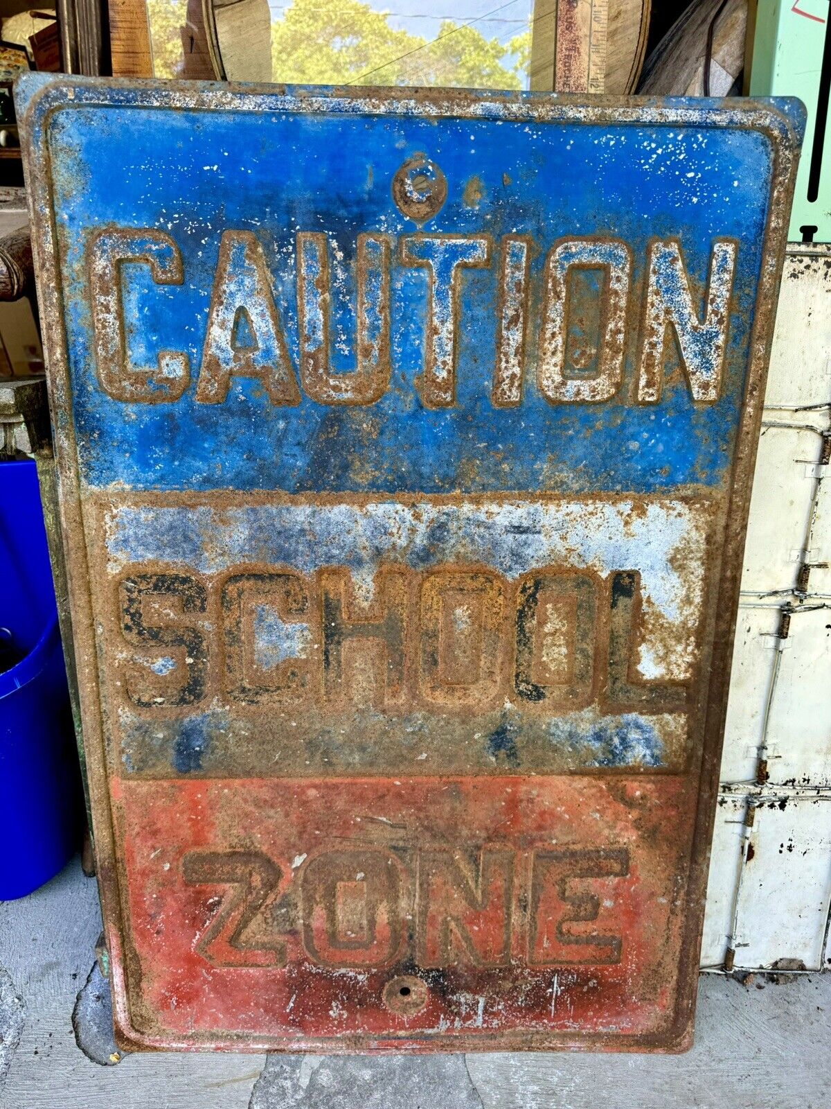 Vintage Authentic Caution SCHOOL ZONE Embossed Steel Sign Antique Old Large