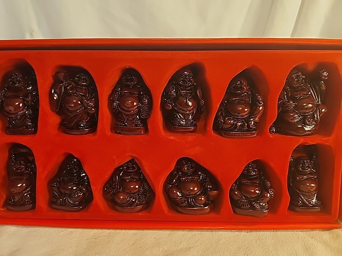 Vintage Happy Red Resin Buddhas New in Box Set of 12 China Nice Quality