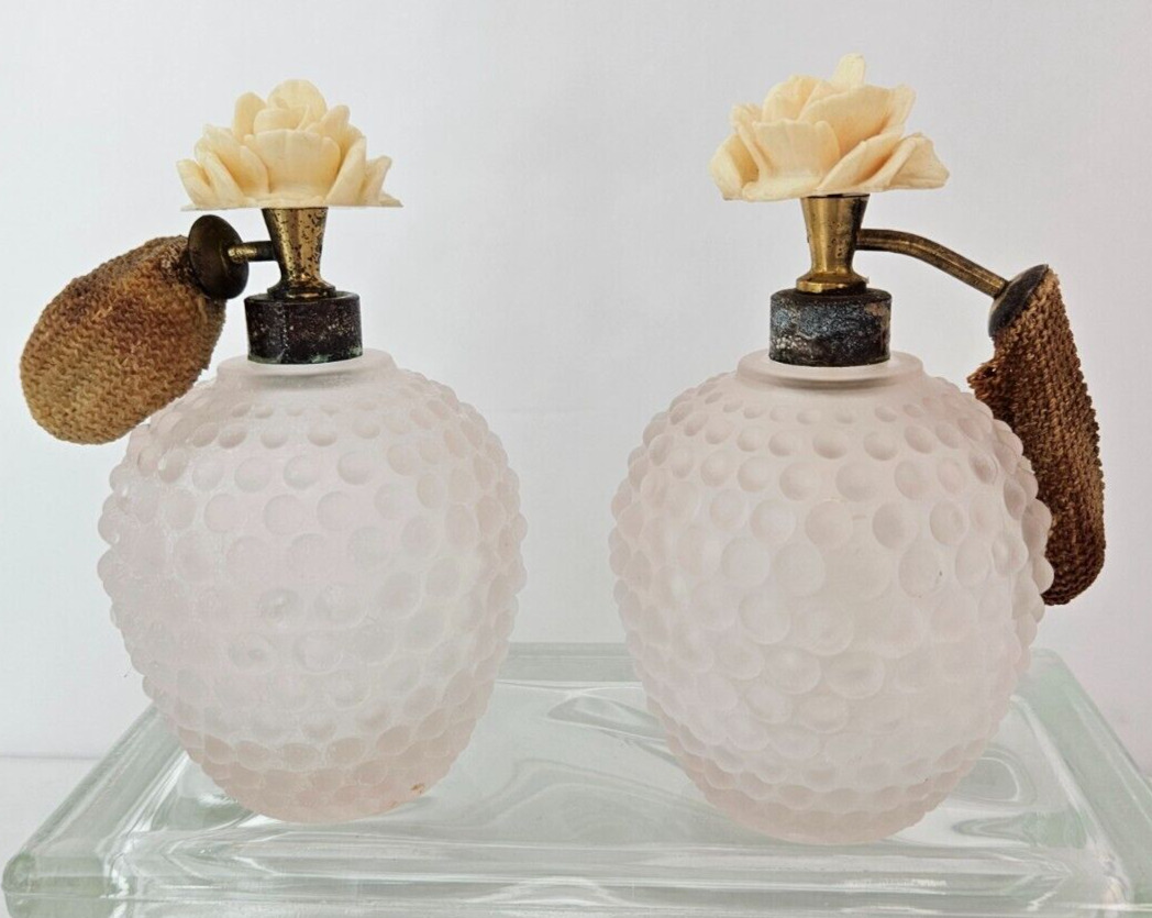 Set of 2 IRICE PINK HOBNAIL PERFUME BOTTLES WITH ROSE for Display German 1930\'s