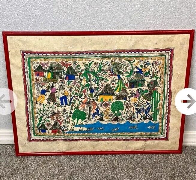  Mexican Tradition Folk Art Amate Bark Hanging Painting Signed Framed