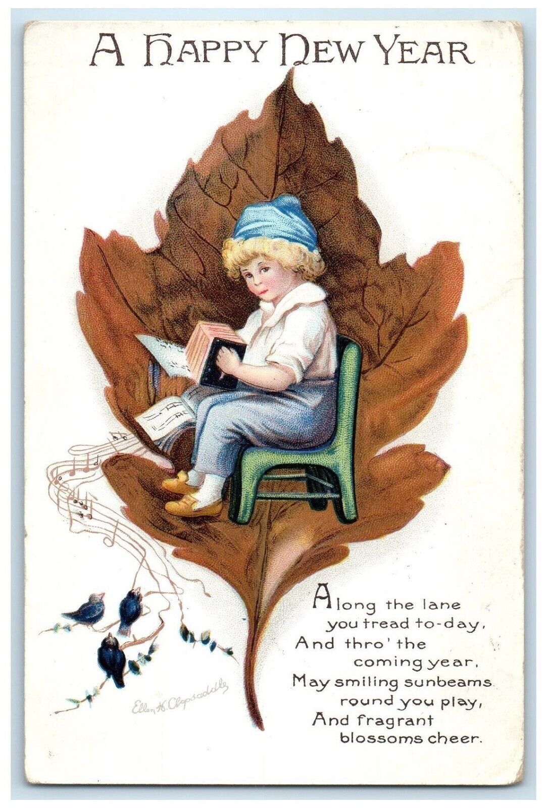 c1910's New Year Boy Playing Accordion Song Birds Ellen Clapsaddle Postcard