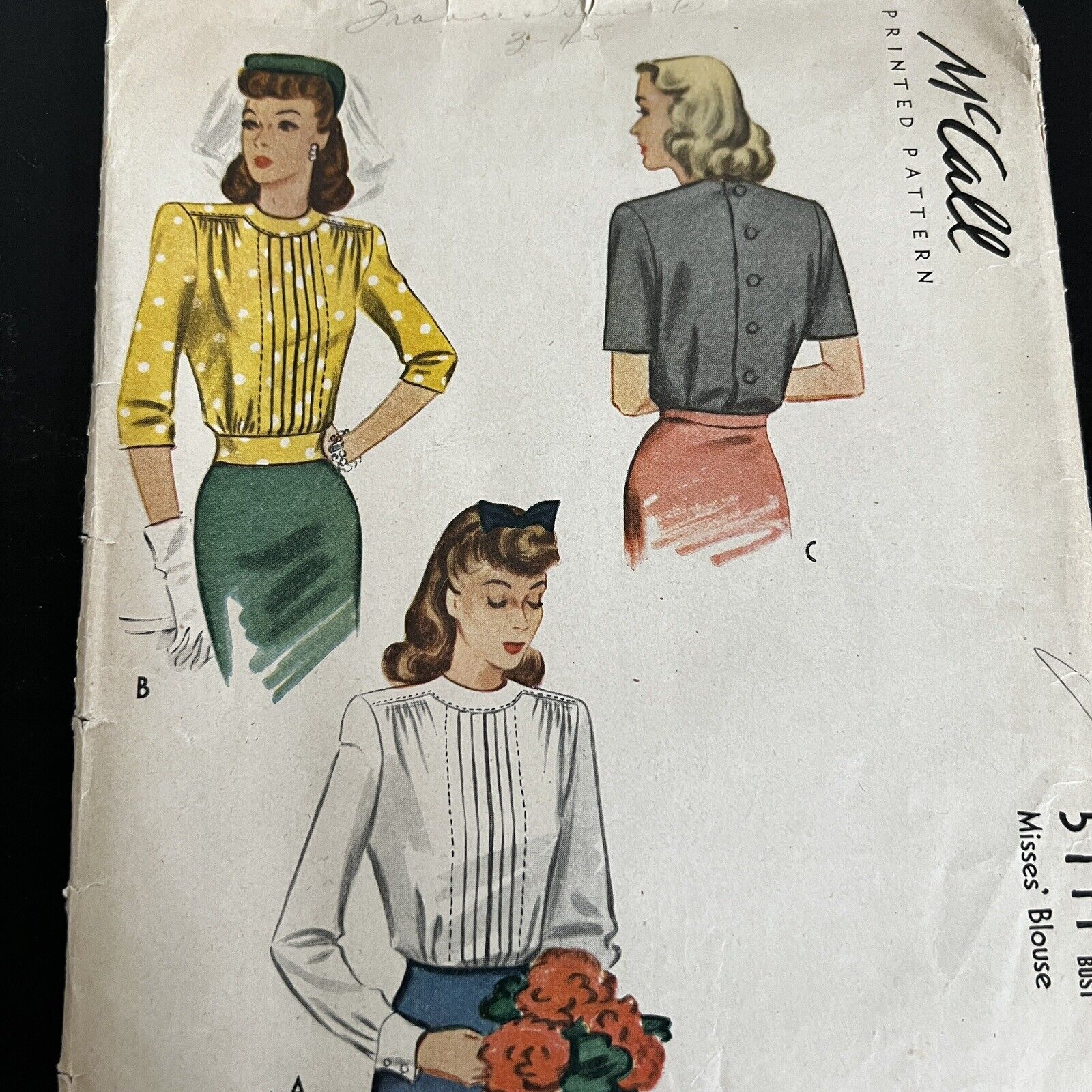 Vintage 1940s McCalls 5111 Back Button Pintuck Blouse Top Sewing Pattern 16 CUT