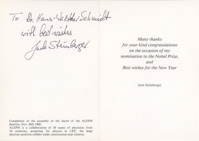 Jack Steinberger- Signed Thank You Card (Nobel Prize 1988)