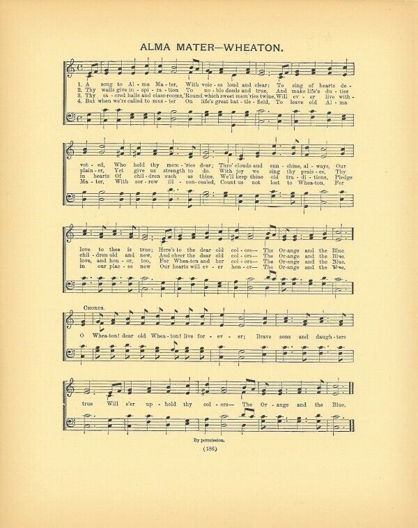 WHEATON COLLEGE (IL) Antique Alma Mater Song Sheet c 1906 -- Original