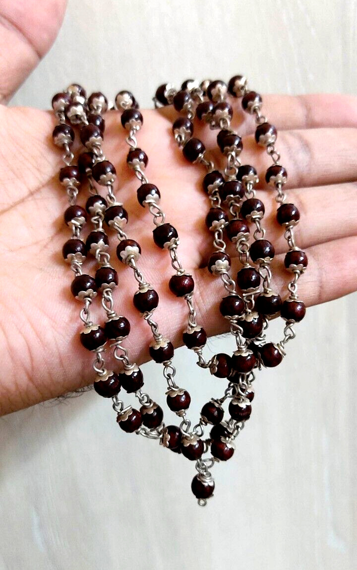 Real Natural Red Sandalwood Mala in Pure Silver Cap