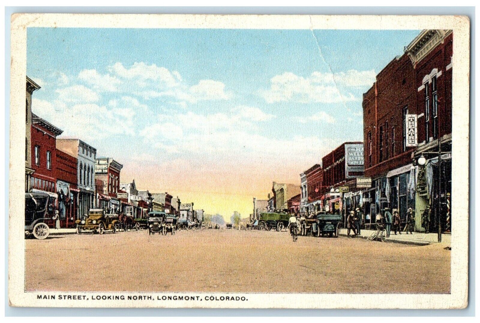 c1920 Busy Day Main Street Classic Cars North Longmont Colorado Vintage Postcard