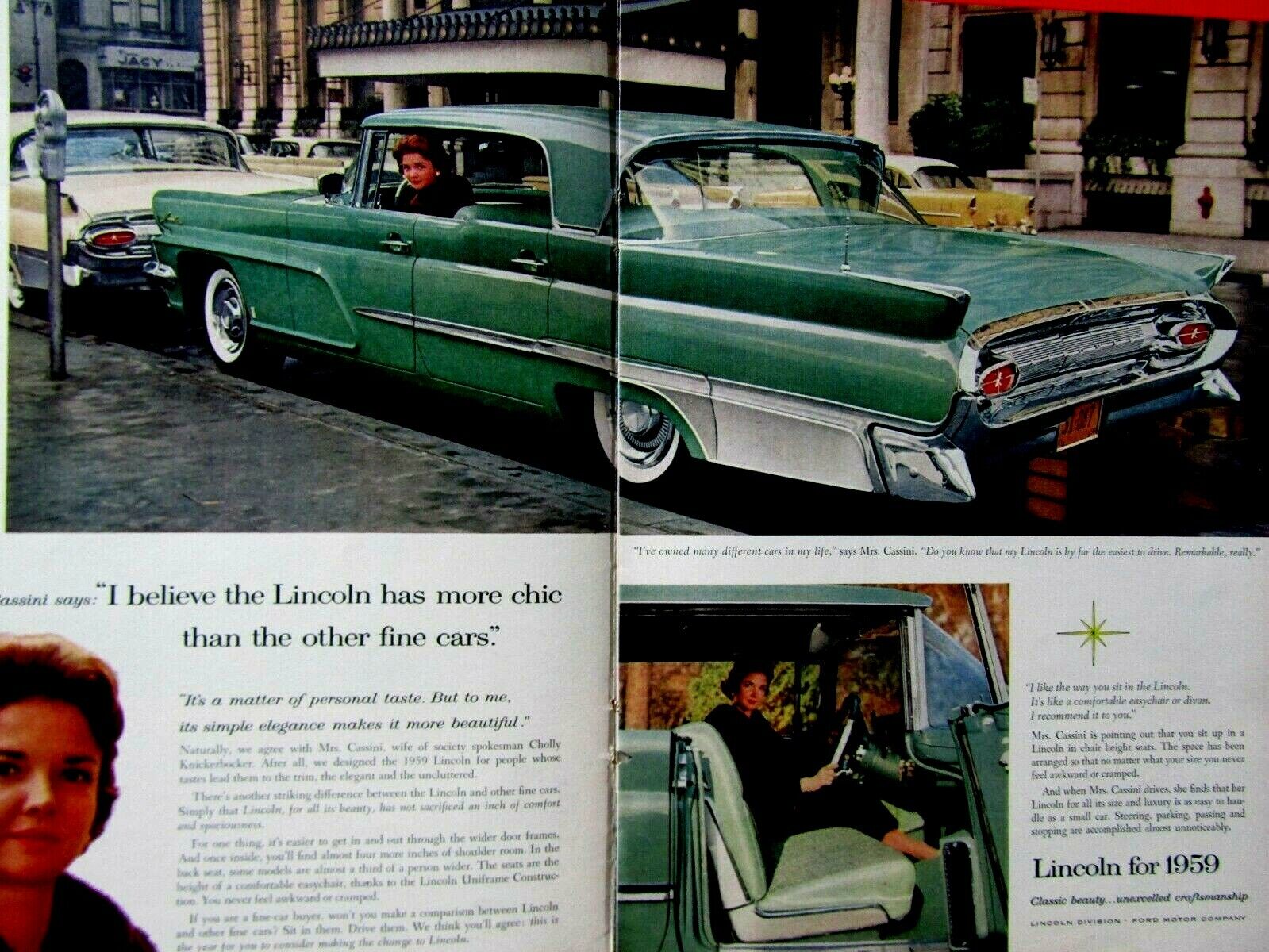 1959 Lincoln Cholly Knickerbocker Mrs.Igor Cassini Original Print Ad 8.5 x 11
