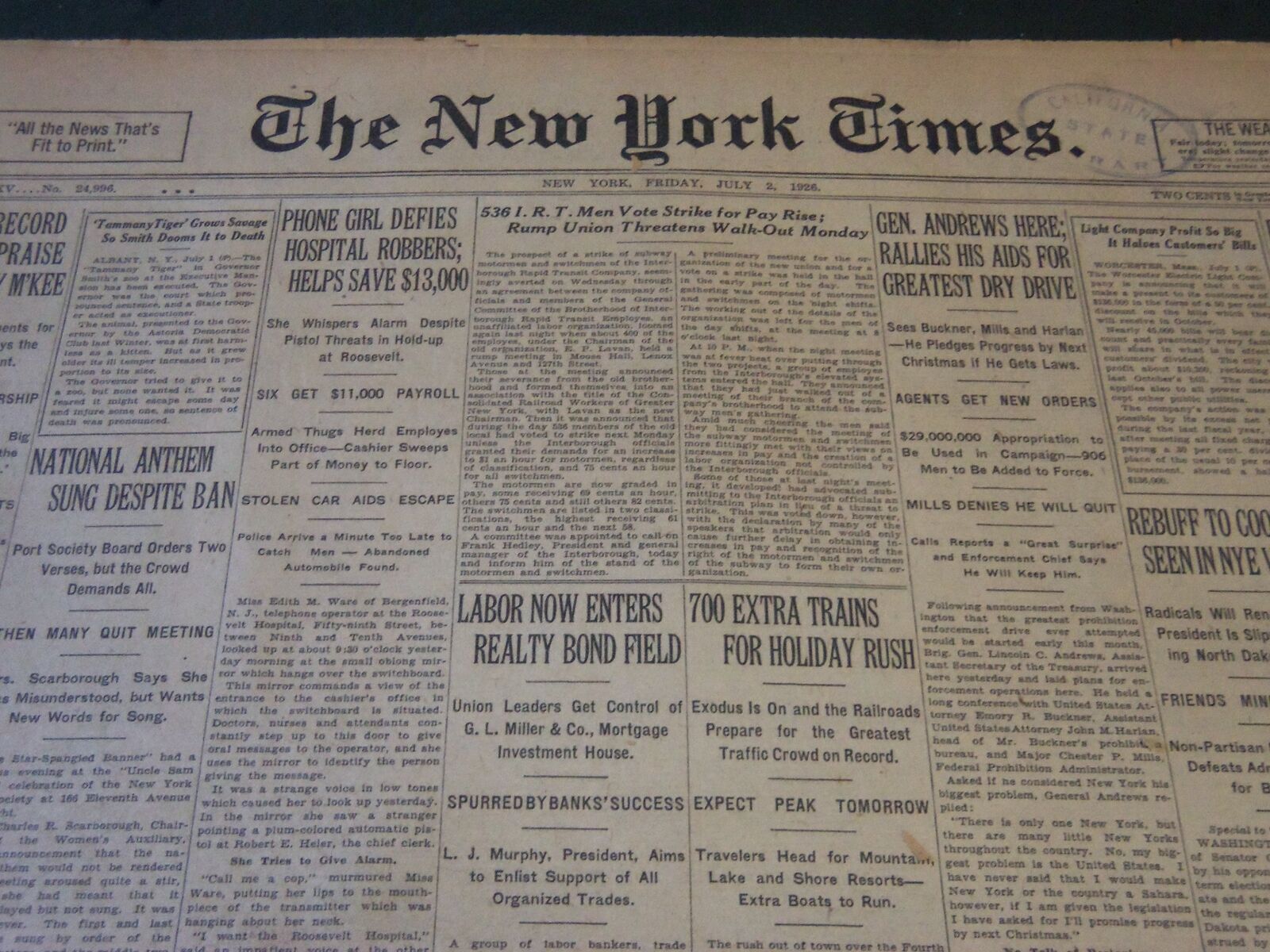 1926 JULY 2 NEW YORK TIMES - 536 I. R. T. MEN VOTE STRIKE FOR PAY RISE - NT 5565