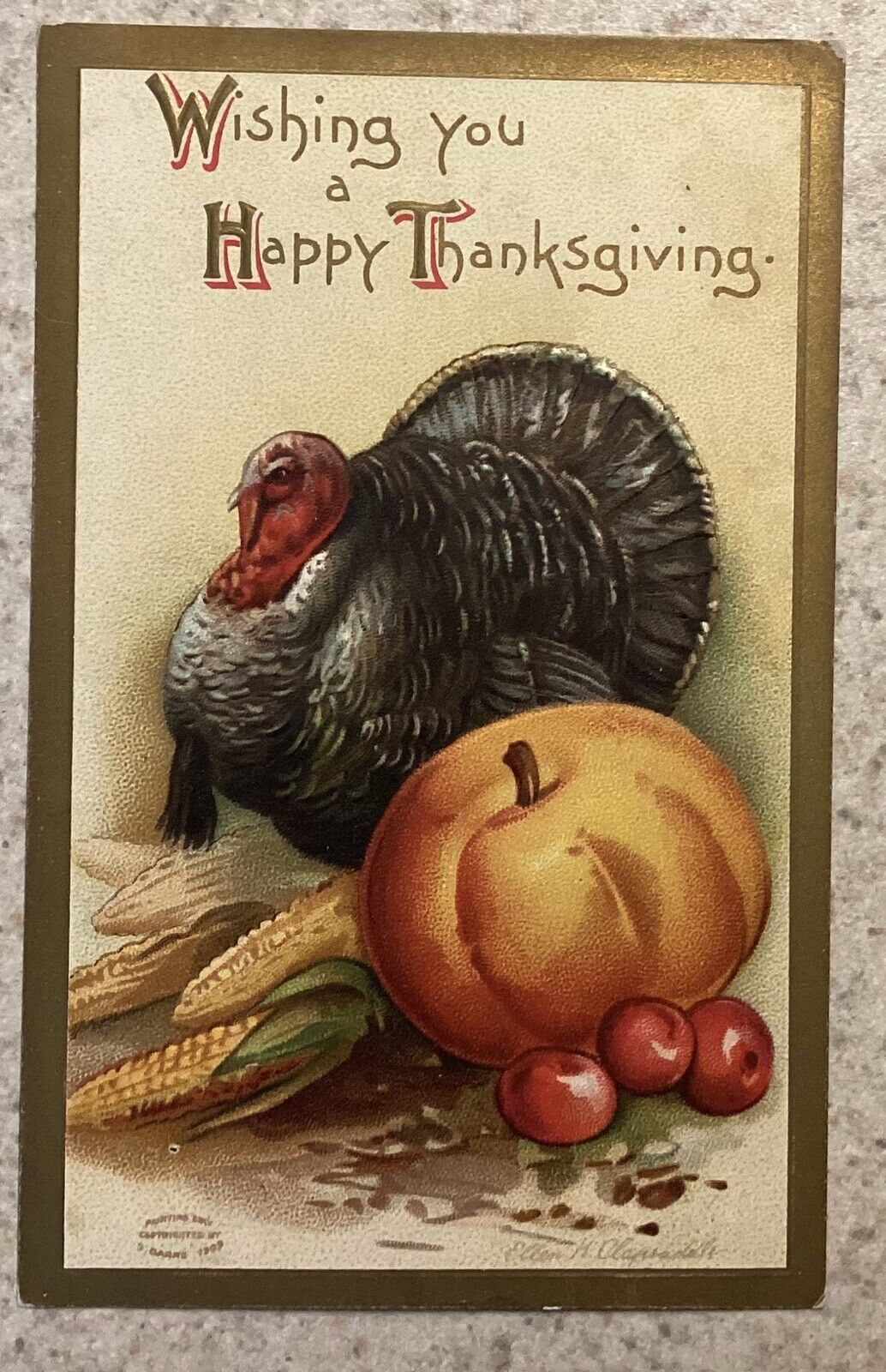Vtg Embossed Thanksgiving Postcard Fat Turkey Pumpkin & Corn Happy Thanksgiving